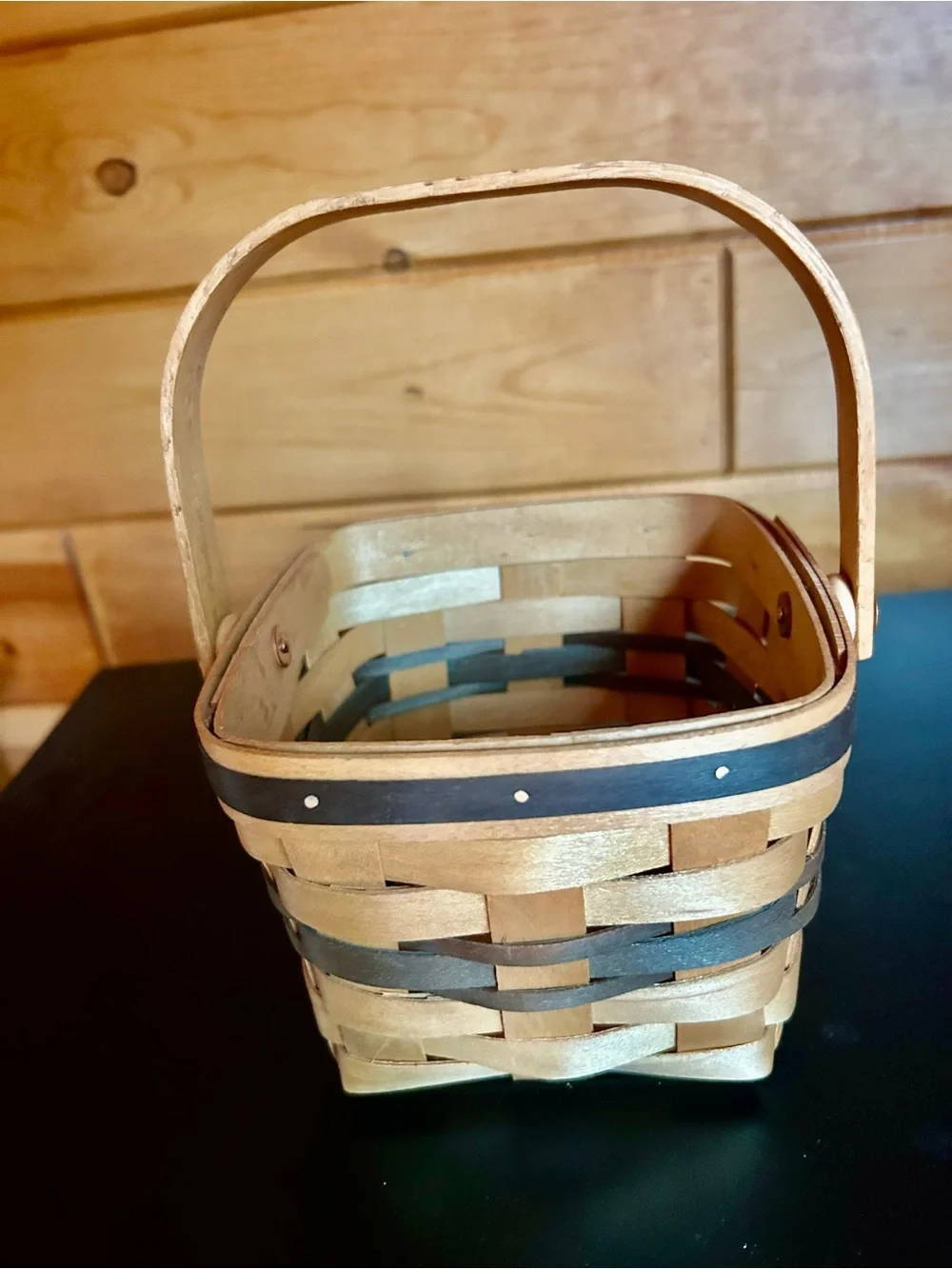 American Traditions Handwoven Natural and Green Accent Basket with Handle